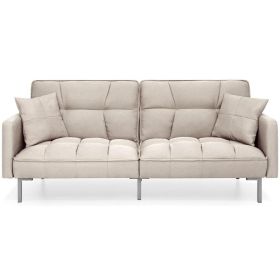 Plush Beige Split-Back Design Convertible Linen Tufted Futon w/ 2 Pillows