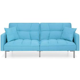 Plush Blue Split-Back Design Convertible Linen Tufted Futon w/ 2 Pillows