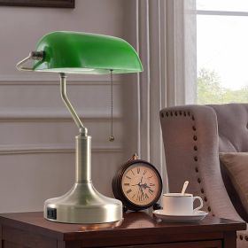 Traditional Bankers Desk Lamp Table Light with Green Glass Shade and USB Ports