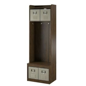 Walnut Locker Coat Rack Entryway Hall Tree with 4 Storage Cubes